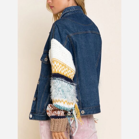 Boho Denim Jacket – Relaxed Fit with Knit Sweater Sleeves - Picture 3 of 9